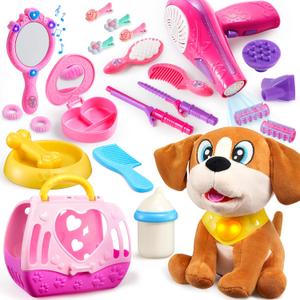JOYIN 17Pcs Beauty Salon Set and Plush Dog Toys, Pretend Play Doll Hair Stylist Toy Kit with Hairdryer, Mirror, Curling Iron, Interactive Puppy Toy with Button, Lights & Sounds