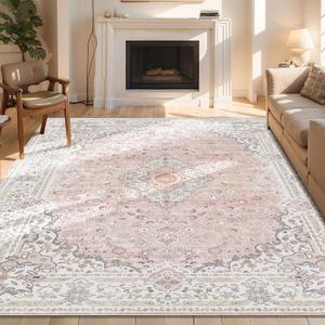 Brakki Pink Rug 6x9 for Bedroom, Washable Area Rug for Living Room Dining Room Entryway, Non Slip Vintage Boho Rug for Kitchen Bathroom, Soft Low Pile Stain Resistant Floor Carpet Indoor
