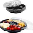 12PCS Disposable Fruit Trays, Round Plastic Appetizer Serving Tray with Lid 6 Compartment Party Platters Divided Food Dip Containers for Snack Vegetable Salad Veggie Fruit Organizer-Black