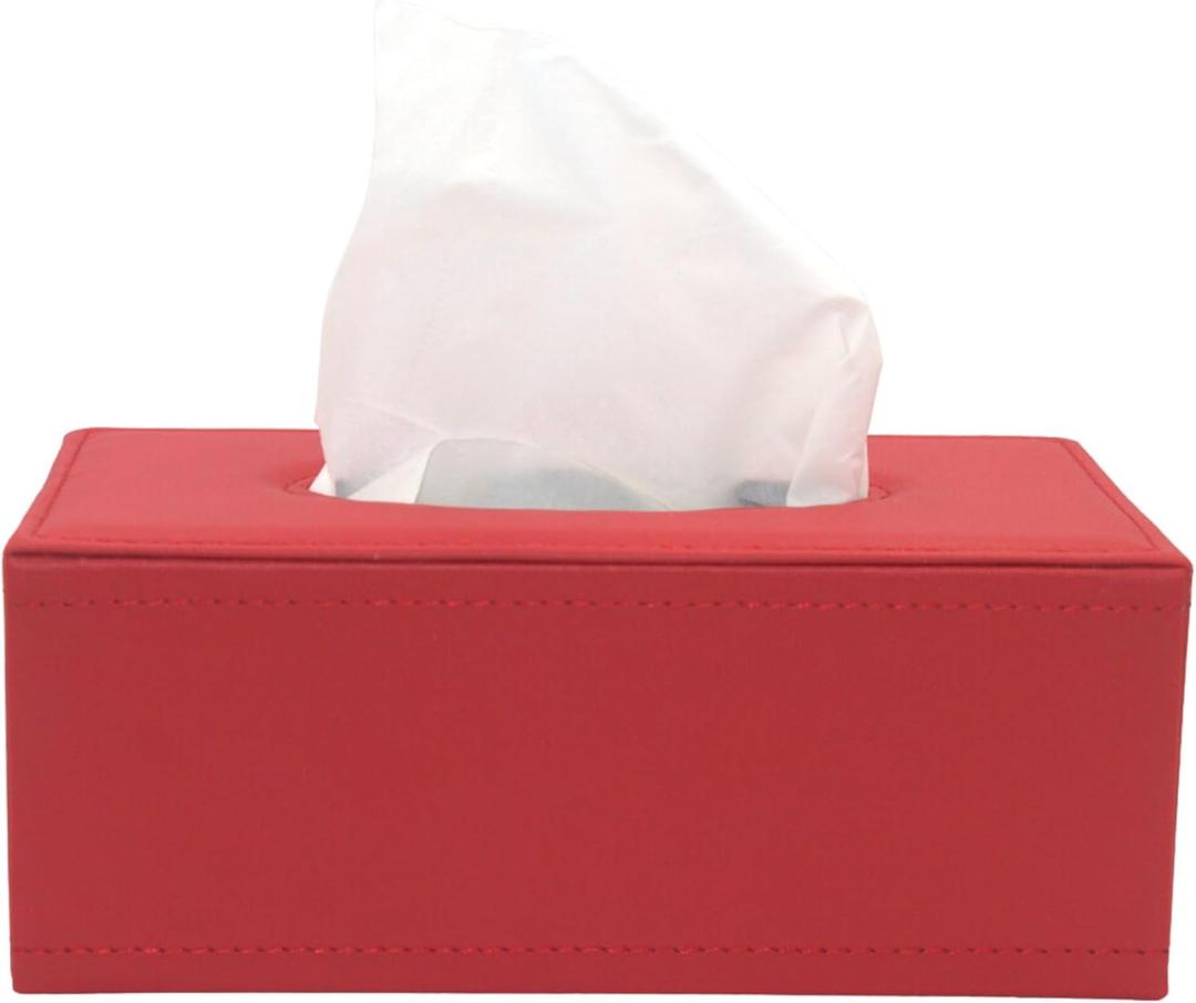 (1PCS) Rectangle Tissue Box Napkin/Holder/Cover in Leather - Large, Waterproof, Long Rectangular Facial Paper Holder in Vintage Style - Ideal for Office, Car & Home Decor (Red)