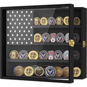 Military Challenge Coin Display Case Holder with Acrylic Cover, Wall Mount Coin Stand Rack with 2 Grooves Shelvesx, Pin Display Cabinet, 4 Rows Medal Display Case Cabinet Rack with American Flag