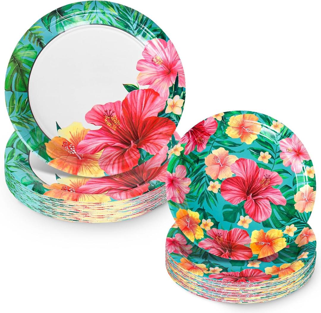 40Pcs Summer Paper Plates Hawaiian Luau Party Plates Disposable Dinner Dessert Plate for Tropical Birthday Baby Shower Party Supplies