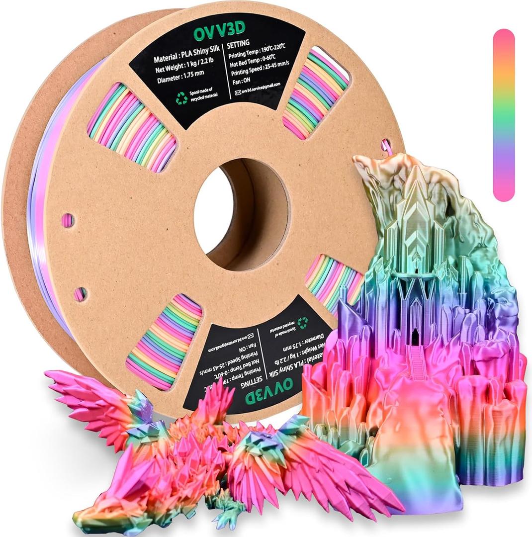 OVV3D Rainbow PLA Filament 1.75mm, PLA Silk PLA 3D Printer Filament Multicolor Silk Color Change Rainbow PLA Filament with Pink Purple Green Yellow, 3D Printing Filament 3D Filament, 1kg