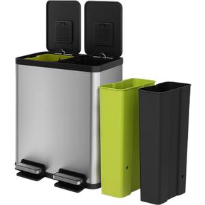 60 Liter / 16 Gallon Rectangular Hands-Free Dual Compartment Recycling Kitchen Step Trash Can with Soft-Close Single Lid, Stainless Steel (30L x 30L Capacity)