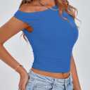 PRETTYGARDEN Women's Off The Shoulder Crop Top - Chic Asymmetrical Going Out Tops for Summer 2026, Slim Fitted & Breathable (Blue, L)