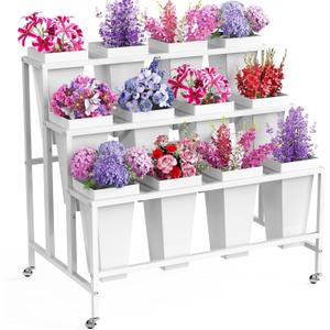 Asee'm Flower Display Stand with 12 Buckets 3 Layers Metal Plant Stand with Wheels Heavy Duty Moving Plant Cart Shelf Flower Bar Stand for Florist Indoor Outdoor Patio Garden Wedding Dector White (37"L x 23.62"W x 31.5"H)