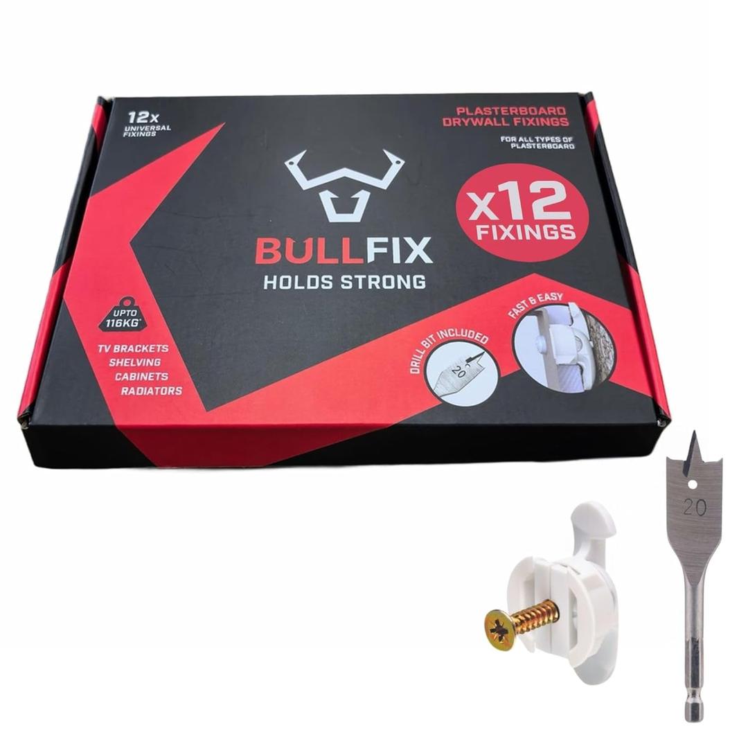 Bullfix Universal Drywall Fixings - Holds up to 255lbs, Heavy Duty Wall Anchors for Drywall for Stud & Hollow Cavity with 13/16" Drill Bit - 12 Pack