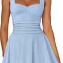 IWD Women's Square Neck Sleeveless Mini Dress Ruched Waist Tiered Ruffle Hem A Line Short Dresses (XS, Light Blue)