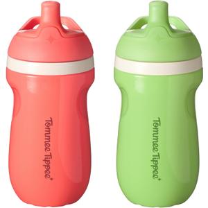 Tommee Tippee Insulated 9oz Sporty Spout Toddler Water Bottle, No Spill, Sippy Cups for Toddlers 1-3, Two-Piece Valve Helps Stop Spills, Green & Red, BPA Free, Pack of 2