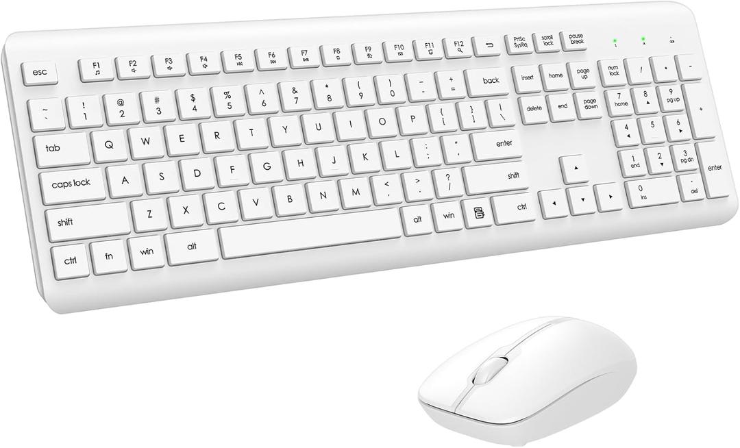 Wireless Keyboard and Mouse Combo, Full Size Silent Ergonomic Keyboard and Mouse, Long Battery Life, Optical Mouse, 2.4G Lag-Free Cordless Mice Keyboard for Computer, Mac, Laptop, PC, Windows(White)