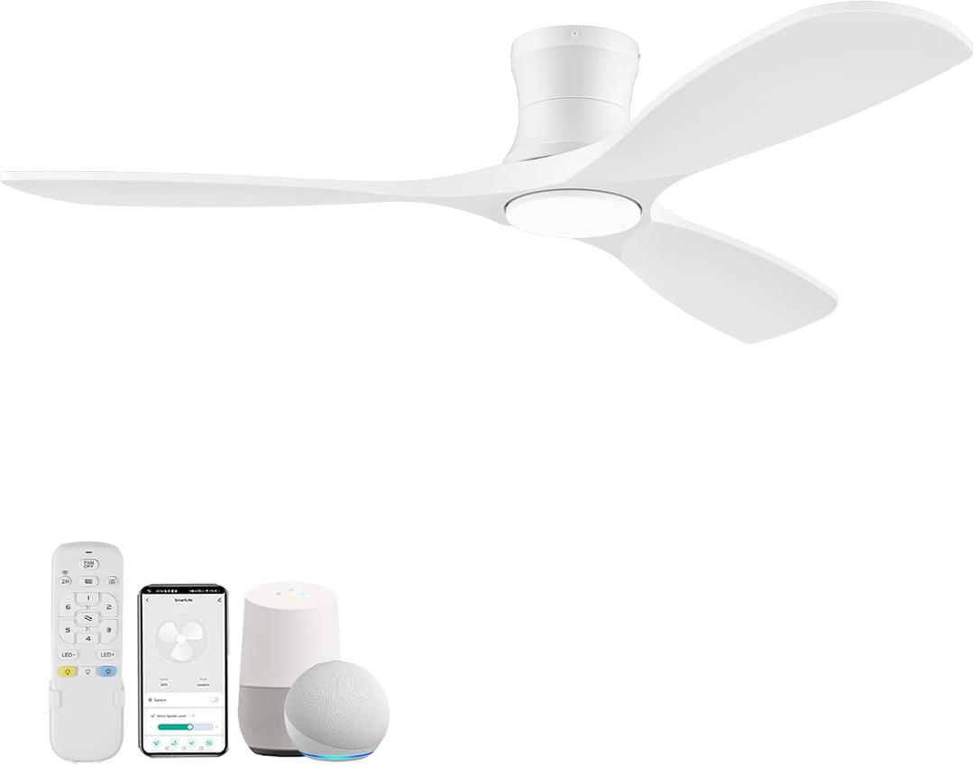 Livory 52 Wood Smart Flush Mount Ceiling Fans with Lights and Remote,Quiet DC Motor,Outdoor Indoor Ultra Low Profile Ceiling Fan works with Alexa WIFI APP,Modern White Ceiling Fan for Bedroom Patio, 52"-voice+app+remote Control