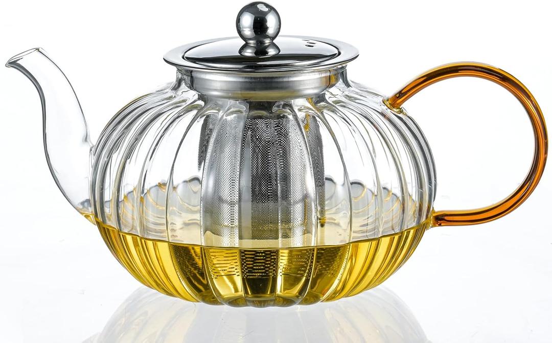 Glass Teapot 33.8oz/1000ml, Glass Tea Kettle with Removable Infuser, Pumpkin Shape Hand Blown Teapot for Blooming Flower Tea and Loose Leaf,Father's Day Gifts