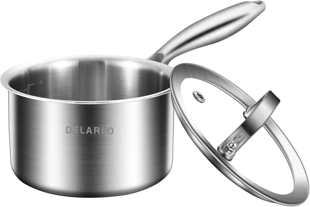 DELARLO Tri-Ply Stainless Steel 1 Quart Saucepan with Lid, Compatible With All Stove 600, Small Pots for Cooking, Fast Even Heats, Stainless Pot 1QT, Durable Sauce Pot, Saucepan with Lid