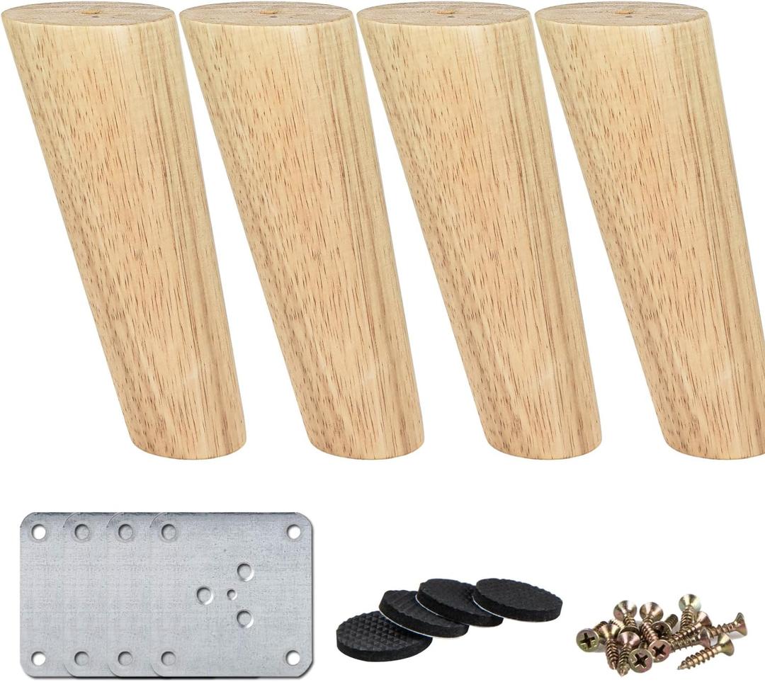 La Vane 8 inch / 20cm Wooden Furniture Legs, 4PCS Soild Wood Oblique Tapered Varished Replacement Feet with Mounting Plate for Couch Sofa Cabinet TV Stand Armchair (Clear Coated)
