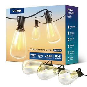 VIPAR Outdoor String Lights 25FT LED Patio Lights IPX5 Waterproof with 10+1 ST38 Shatterproof Edison Bulbs, 2700K Connectable Outside Hanging Light for Porch, Garden, Backyard, Deck, Balcony, E12 Base