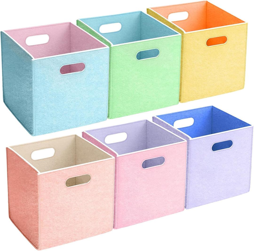 6 Pcs 11 Inch Colorful Felt Storage Cubes with Handle, Collapsible Fabric Storage Cubes Bins Foldable Baskets for Playroom, Bedroom, Books, Clothes (Macaron)