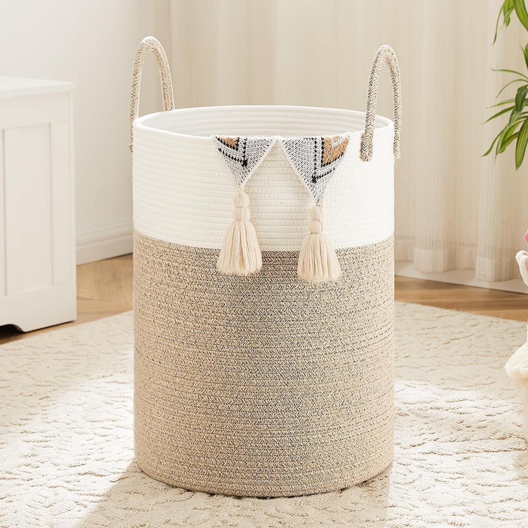 Artfeel Laundry Basket, Woven Cotton Rope Laundry Hamper, 60L for Decor Storage of Dirty Clothes, Toys and Blankets in Bathroom, Bedroom and Living Room