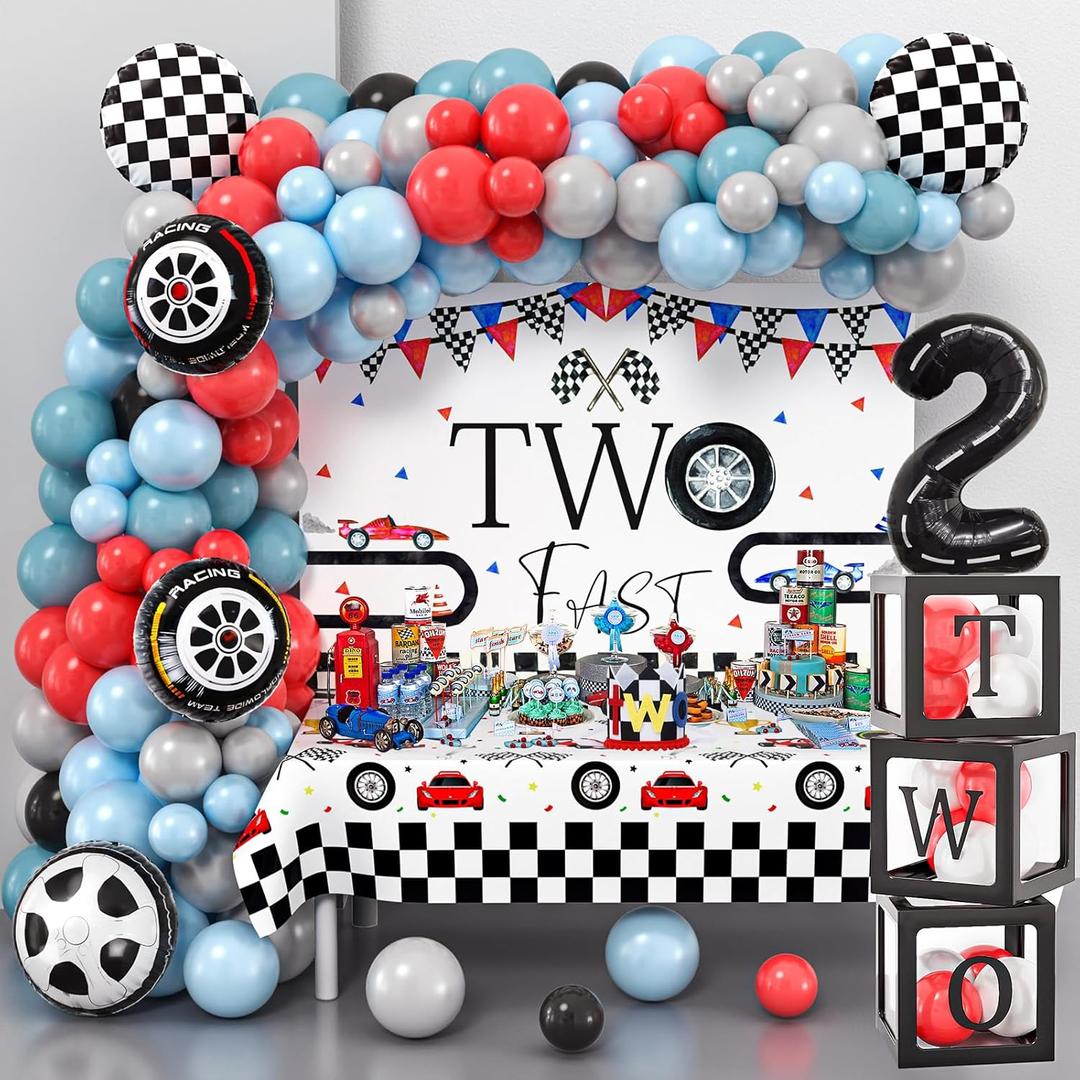 KELENO 134 Two Fast Birthday Decorations Race Car Party Supplies for 2 Year Old Boy Racing Balloon Garland Arch Kit Backdrop Tablecloth Box Crown Wheel Checkered Balloon 2nd Two Fast Birthday Decor