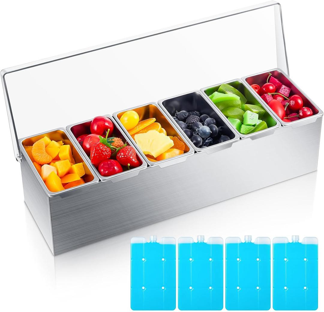 Boao 6 Slot lce Chilled Stainless Steel Condiment Tray Garnish Tray with 4 Ice Boxes Condiment Container with Lid for Party Hot Pot Sauce Station Bar Drink Topping Prep Station Supplies, 17.72 x 5.91 x 5.28 inches