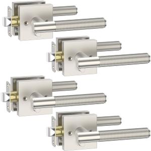 Asidrama 4 Pack Privacy Brushed Satin Nickel Door Handles, Door Lever with Door Knobs Indoor for Bedroom or Bathroom, Brushed Satin Nickel Door Handles Interior with Locks for Left Right Sided Doors
