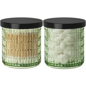 Bathroom Storage Organizer - 2 Pack Glass Qtip Holder Dispenser, Vanity Organizer, Bathroom Essentials Decor Canister for Cotton Swabs, Cotton Balls, Pads, Floss Picks (Green)
