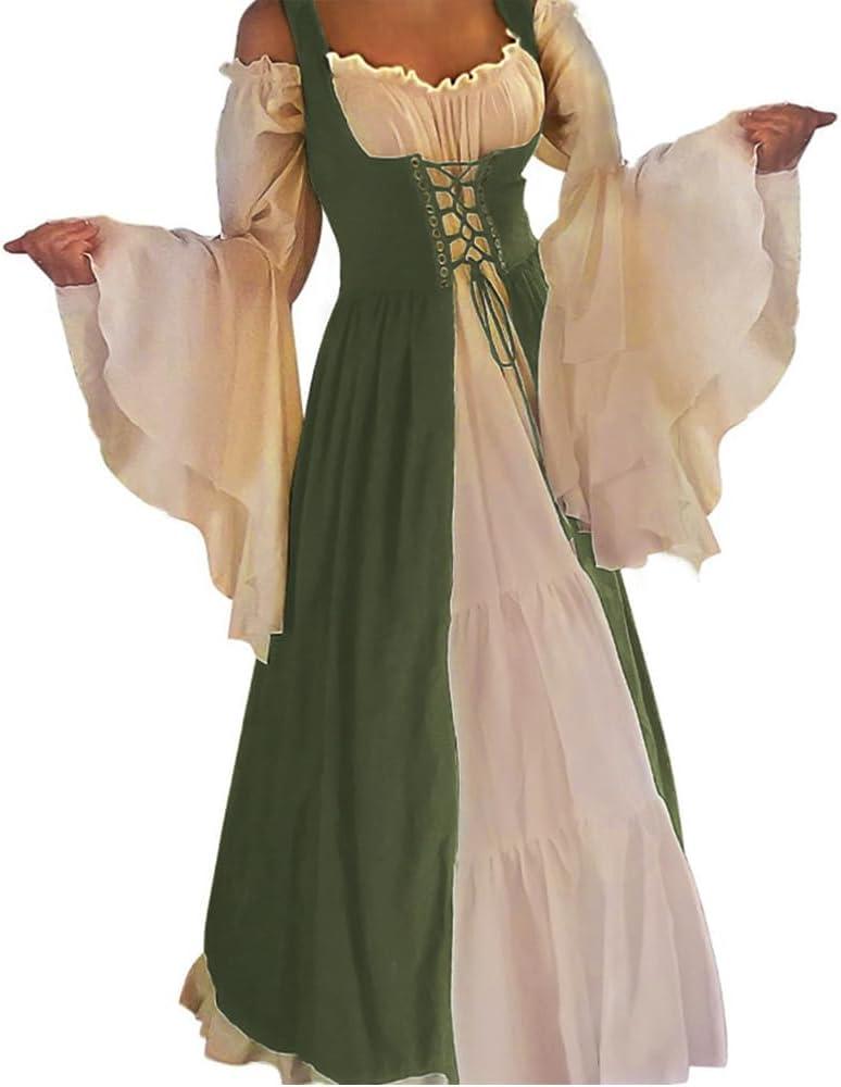 Abaowedding Womens's Medieval Renaissance Costume Cosplay Chemise and Over Dress Small/ Medium Olive and Ivory