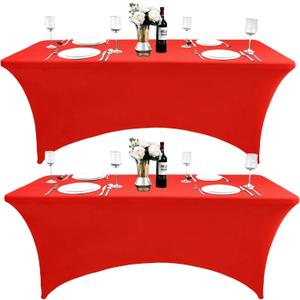 2-Pack 6ft Red Spandex Table Covers for Rectangle Standard Folding Tables - Wrinkle Resistant Stretch Tablecloths - Ultimate Fitted Table Protector for Parties, Trade Shows, Banquet