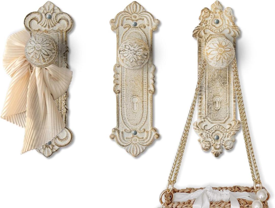 Comfify Shabby Chic Cast Iron Decorative Wall Mounted Hooks - Rustic White - Door Knob Coat Hooks - Set of 3 - Screws and Anchors Included - Antique Wall Hooks for Hanging Clothes