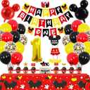 1st Mouse Birthday Party Supplies Decorations 58Pcs Happy Birthday ONE Banner Tablecloth 1 Foil Balloon Hat Door Sign Cupcake Topper Video Game Party Decorations for Boys Girls Kids Babies