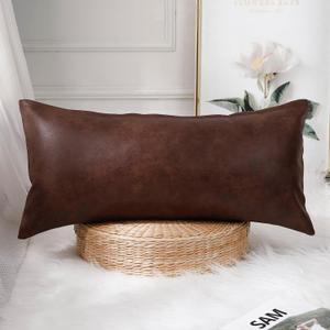 PANOD Decorative Lumbar Throw Pillow Covers 12 x 24,Premium Faux Leather Long Pillow Covers Cushion Case for Farmhouse Sofa Couch Bed Livingroom, Modern Boho, Vegan Dark Brown
