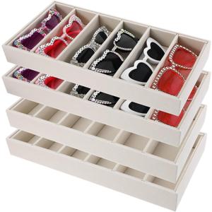 4Pcs Velvet Sunglasses Organizer Tray Stackable 6 Grid Sunglass Display Case Glasses Holder Organizer Drawer For Women Glasses Jewelry Display Watch Beige
