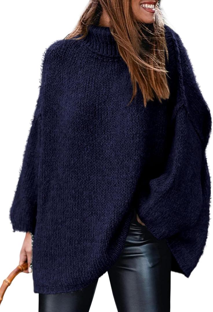 PRETTYGARDEN Women's 2026 Fall Turtleneck Oversized Sweaters Long Sleeve Chunky Knit Pullover Tops Winter Fashion Clothes (Navy Blue) Small