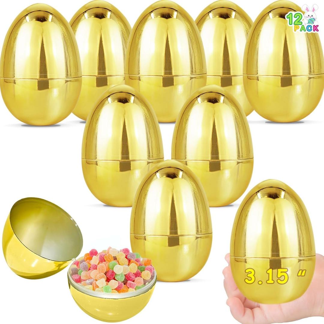 12 Pack 3.15" Large Golden Easter Eggs Empty, Shiny Metallic Plastic Easter Eggs Fillable Surprise Gold Eggs for Easter Basket Stuffers Fillers Easter eggs Hunt Party Favor Classroom Prizes Supplies