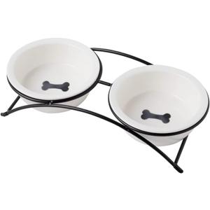 Cat & Dog Bowls - Ceramic Elevated Pet Raised Cat Food Bowls Set, 12 Ounce Small Dogs Bowls, Dishwasher Safe (2 Bone Pattern bowls & Black Stand)