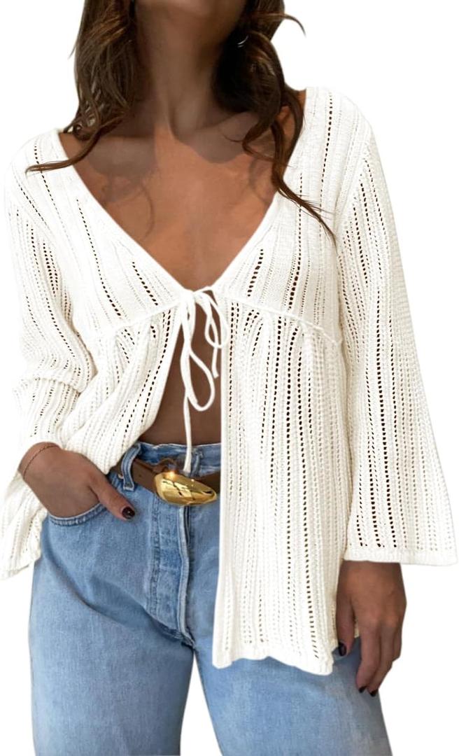 Saodimallsu Womens Summer Lightweight Tie Front Cardigans Crochet Knit Long Bell Sleeve Casual V Neck Beach Cover Ups (Medium, White)