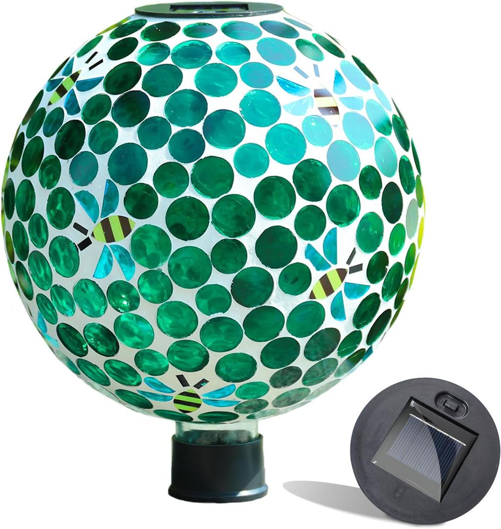 VCUTEKA Solar Gazing Ball, Mosaic Glass Gazing Balls Sphere with Solar Light for Garden Lawn Outdoor Ornament Yard Decorative, 10" (Dark Green)