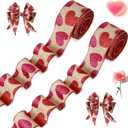 2 Roll 20 Yards Glitter Hearts Wired Edge Burlap Valentine Ribbon Valentine's Day Wired Ribbon for DIY Gift Wrapping Wreath Crafts Decoration(1.5 in,Natural, Red, Pink)