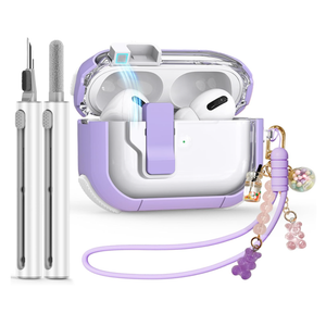 Clear Case for AirPods Pro 2nd/1st Generation Case, Secure Lock Case for Apple Airpod Pro 2&1 Gen Case Cover with Silicone Wrist Strap Cute Candy Keychain for Women, Purple