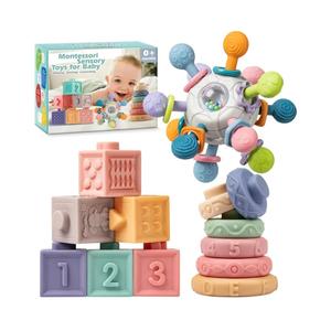 SpringFlower 3 in 1 Montessori Toys for Babies 0-3-6-12 Months, Rattle Teether & Baby Blocks & Soft Stacking Rings, Sensory Developmental Education Toys,Gift for Toddler Baby 0-3-6-12-18 Months