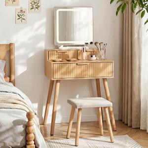 Small Vanity Desk with Lights Mirror, Compact Makeup Vanity Table with Stool, Fluted Wood Vanity with Power Outlet, 3 Color Adjustable LED, Large Drawers, Modern Dressing Table for Bedroom