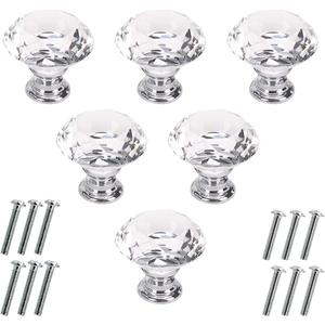 Akstore 6 Pcs Crystal Glass Cabinet Knobs 30mm Diamond Shape Drawer Kitchen Cabinets Dresser Cupboard Wardrobe Pulls Handles (30mm, Clear)