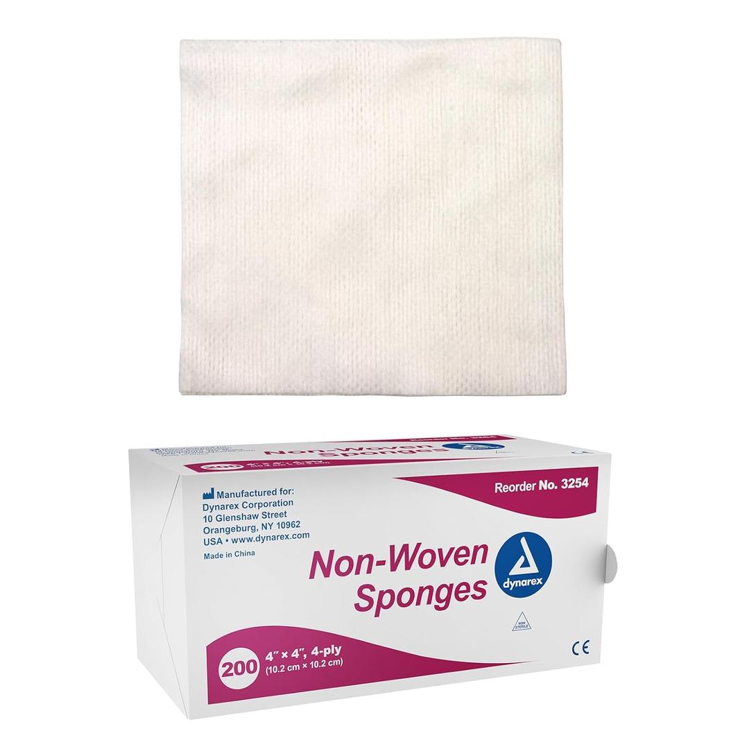 Dynarex Non-Woven Sponges, Non-Sterile, Gauze, for Cleansing, Prepping and Dressing, Highly-Absorbent, Less Linting, 4"x 4", 4 Ply, 1 Box of 200 Sponges (Packaging May Vary)