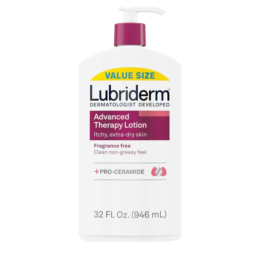 Lubriderm Advanced Therapy FragranceFree Moisturizing Hand & Body Lotion + ProCeramide, Intense Hydration for Itchy, Extra Dry, & Sensitive Skin, NonGreasy, Hypoallergenic, 32 fl. oz