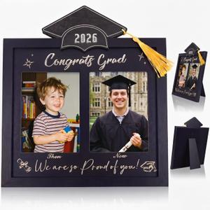 Wenqik Then and Now Graduation Picture Frame Double 5x7 Photo Frame Class of 2026 Graduation Gifts for Son Daughter High School College Graduates Wooden Photoframe Graduate Keepsake(Silver,Grad Cap)