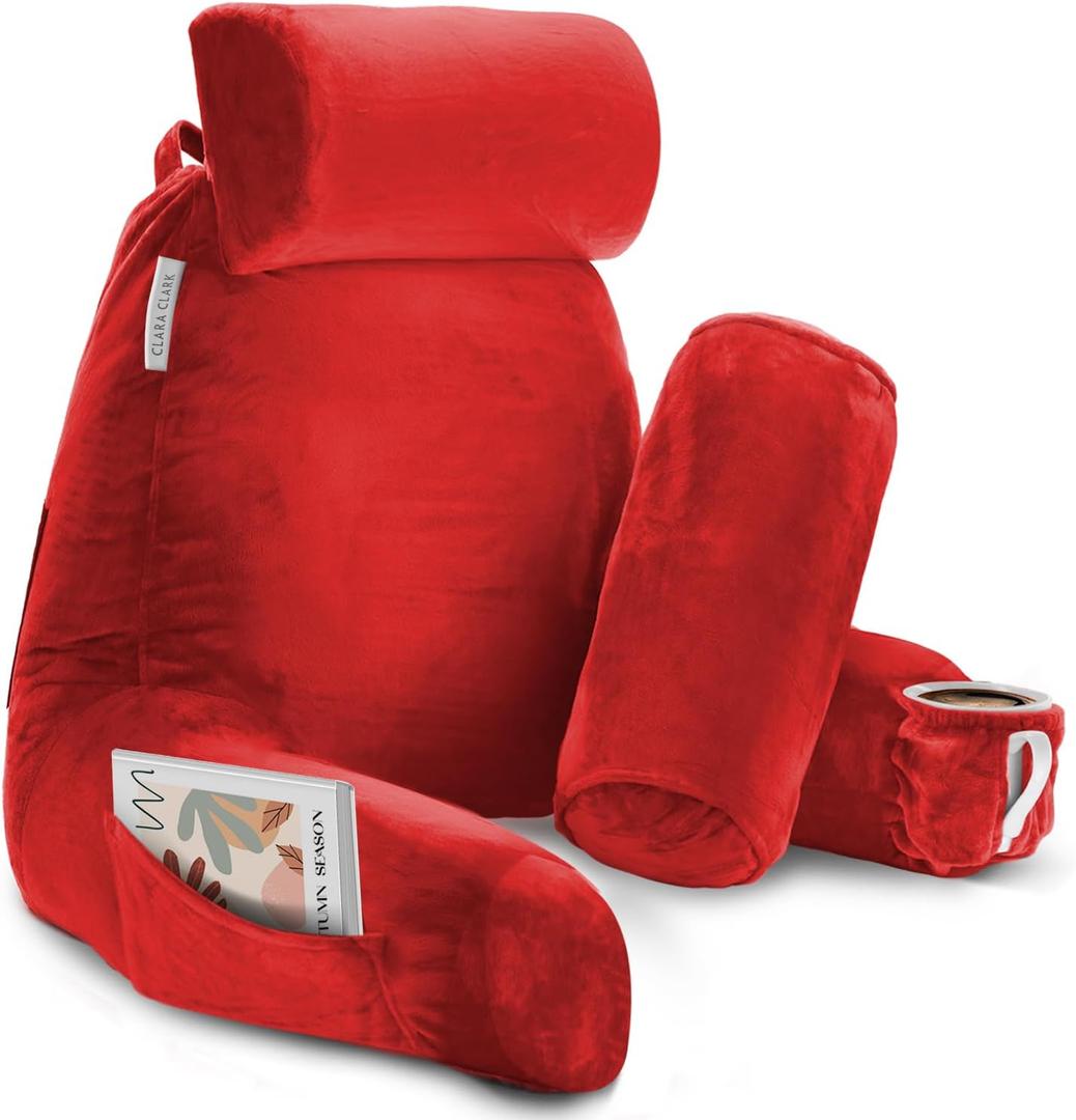 Clara Clark Reading Pillow, Large Back Pillow for Sitting Up in Bed, Memory Foam Back Support Pillow, Reading Pillows for Sitting in Bed Adult, Red Sit Up Pillow for Bed Chair with Arms and Pockets