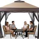 GAFETE 13x13 Pop Up Gazebo, Outdoor Canopy Tent with 4 Mosquito Netting, One Push Setup Gazebos for Patio Furniture, Backyard, Parties Events with Portable Carrrying Bag, 4 Sandbags (Beige & Coffee)