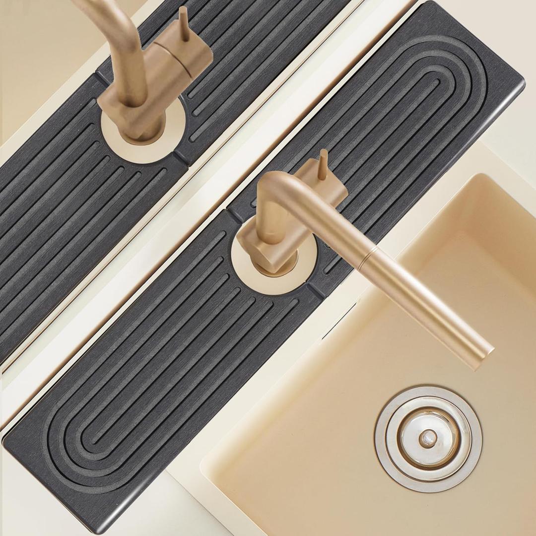 Faucet Mat for Kitchen Sink, 24'' Long Diatomite Sink Protector Splash Guard Draining Mat, Quick Drying Stone Sink Tray, Water Absorbent Soap Sponge Holder for Bathroom, Women Birthday Gift, Dark Gray (23.6" x 3.9")