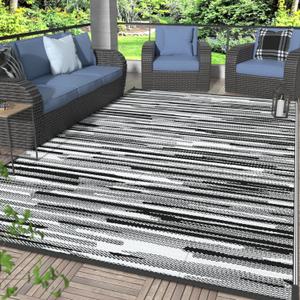 GENIMO Outdoor Rug for Patio Clearance, 6'x9' Waterproof Camping Mat, Reversible Plastic Straw Rugs for RV, Camper, Balcony, Backyard, Picnic, Deck (Black White)