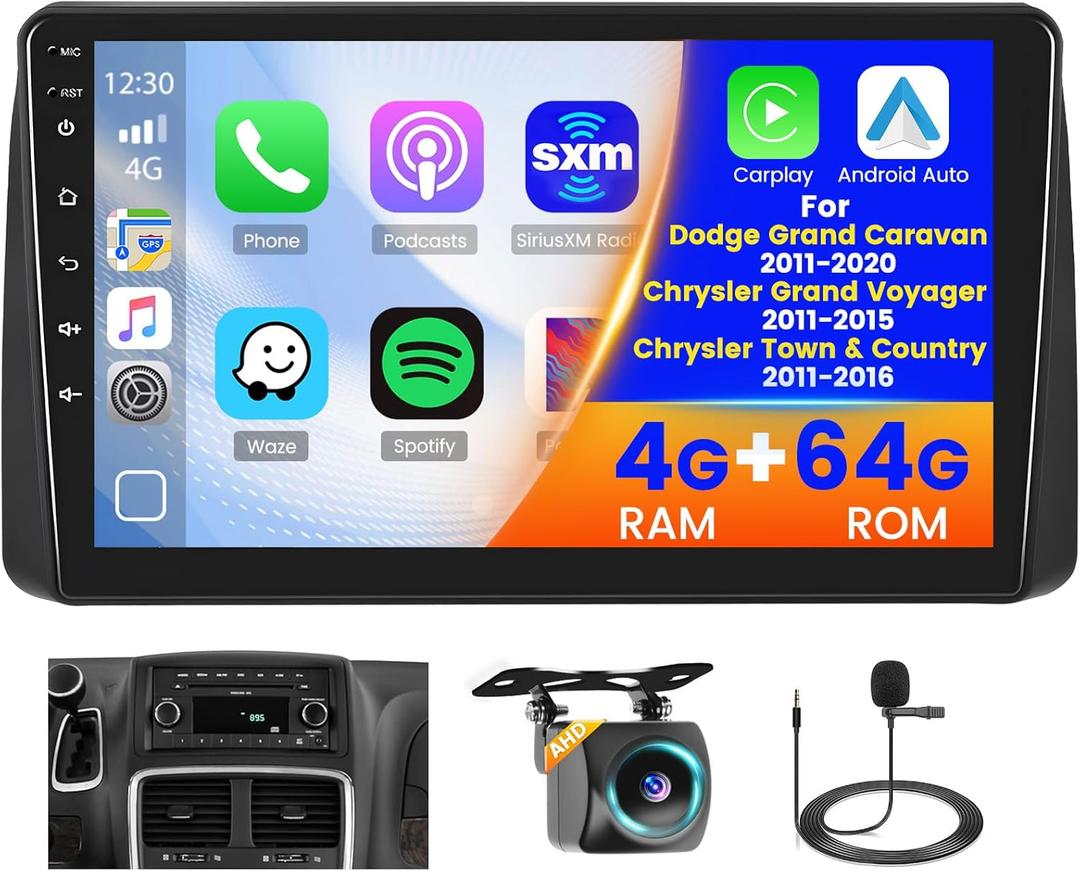 8 Core 4+64G Radio for Dodge Grand Caravan 2011-2020 Chrysler Town & Country 2011-2016 Chrysler Grand Voyager 2011-2015 Android 15 CarPlay Stereo Upgrade 9" Screen Android Auto Backup Camera