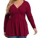 TIANZHU Plus Size Red Tops For Women Wrap baby doll shirt Long Sleeve winter Tunic Top dressy V Neck Blouse empire waist low cut flowy peplum clothing XX-Large Wine Red, 2XL